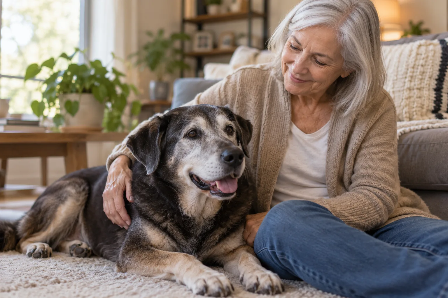 Owner sitting beside a gray-muzzled dog in a warm home
